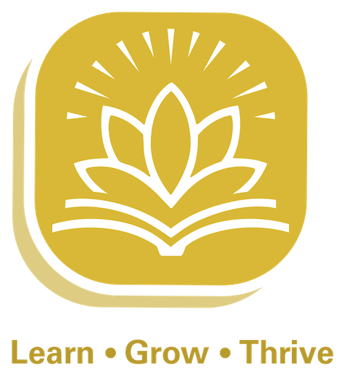 Learn - Grow - Thrive (logo image of flower blooming from open book)